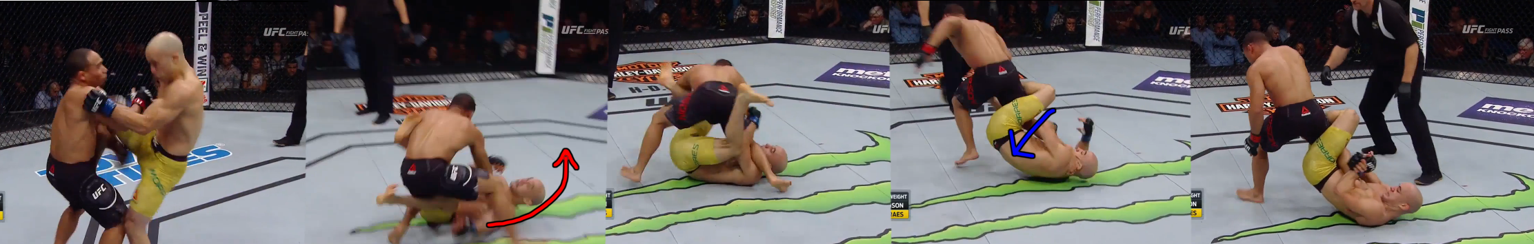 As soon as Dodson topples Moraes, Moraes underhooks the leg and whips over (red arrow) into the single leg X guard, then brings the foot back underneath his arm (blue arrow) to attack a heel hook.
