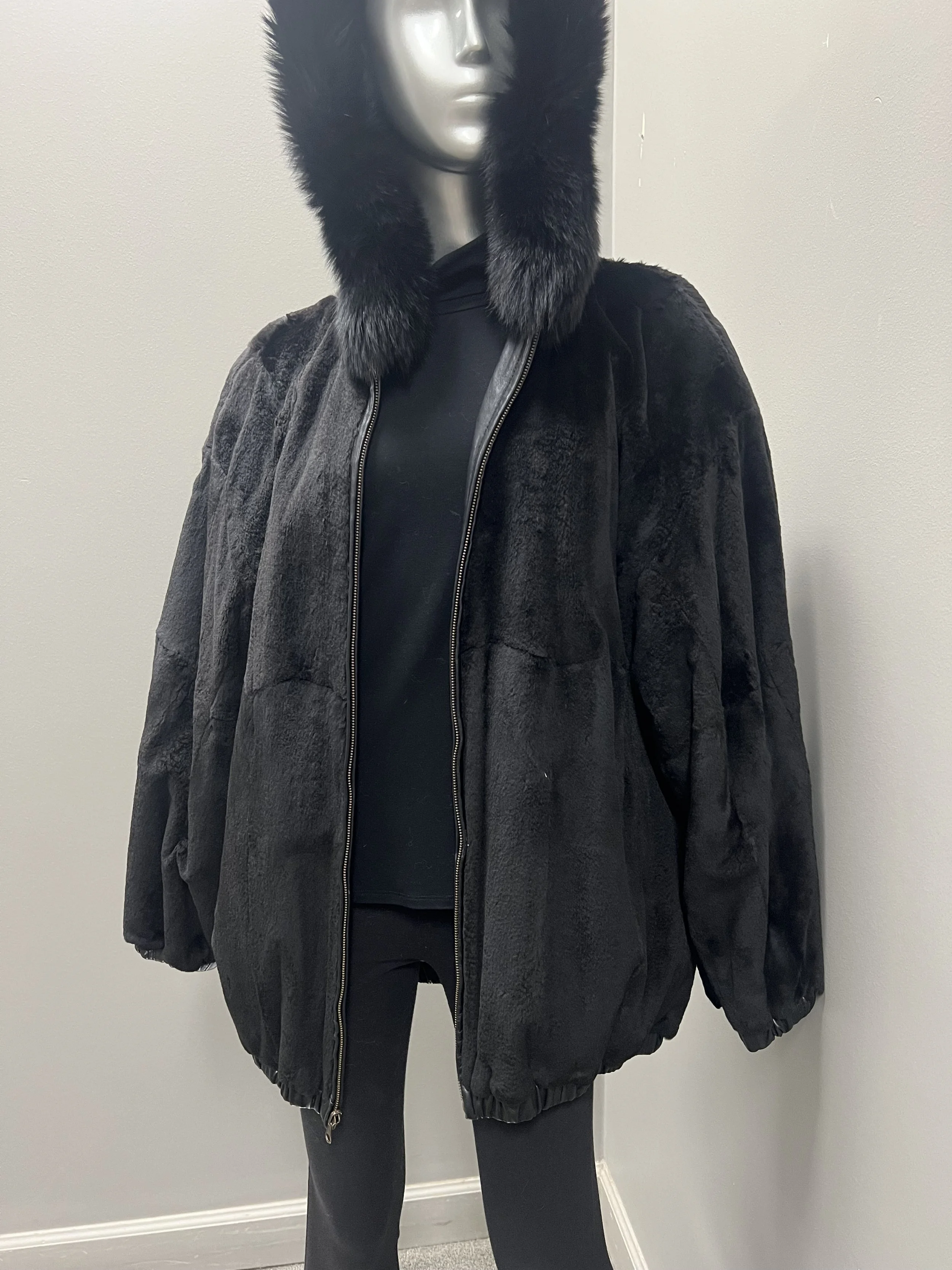 1364CC Black Sheared Mink Leather Bomber Jacket With Black Fox Lined Hood Large