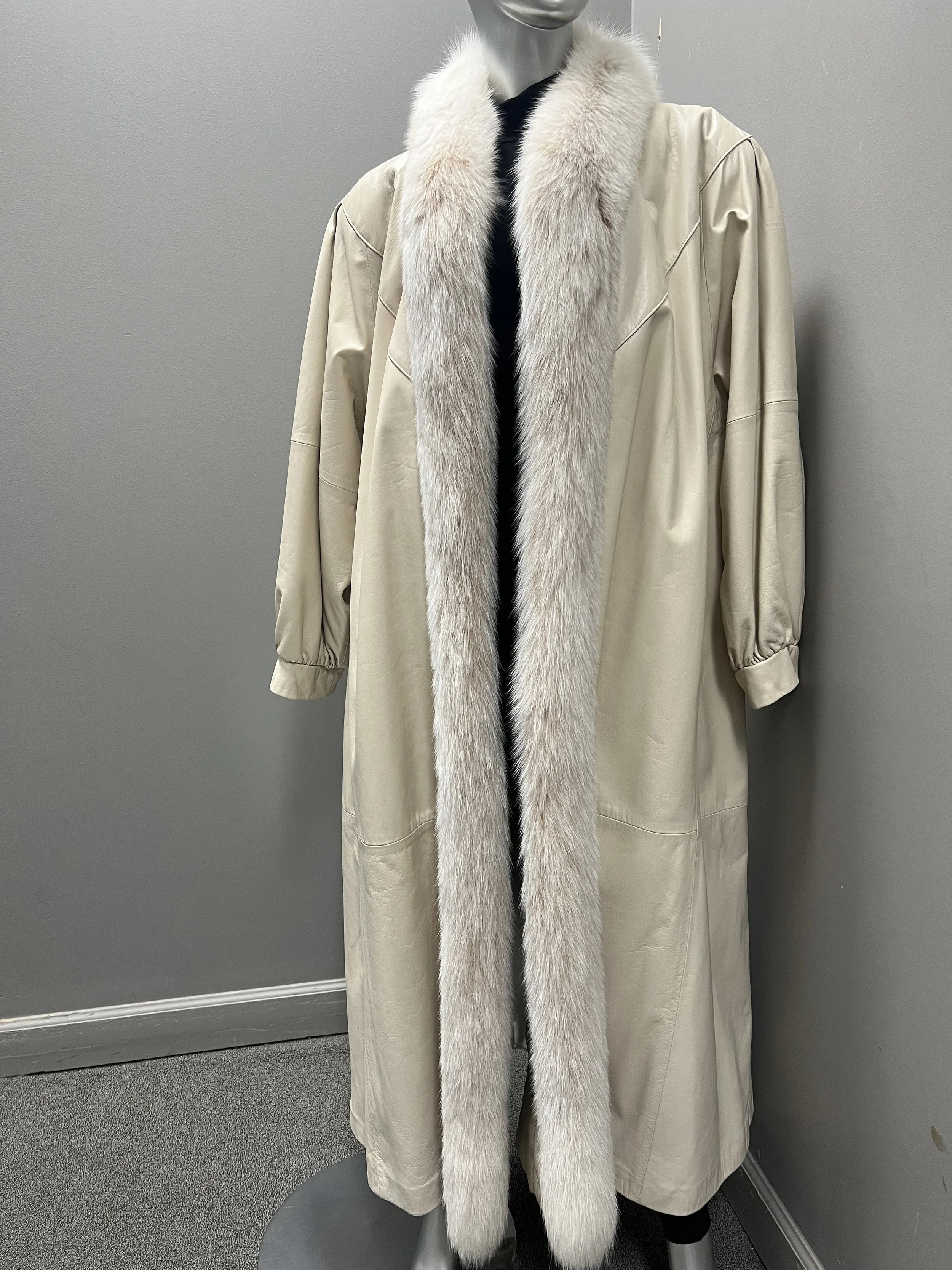 1285CC Full Length Bone Leather Blush Fox Trim Coat  XL