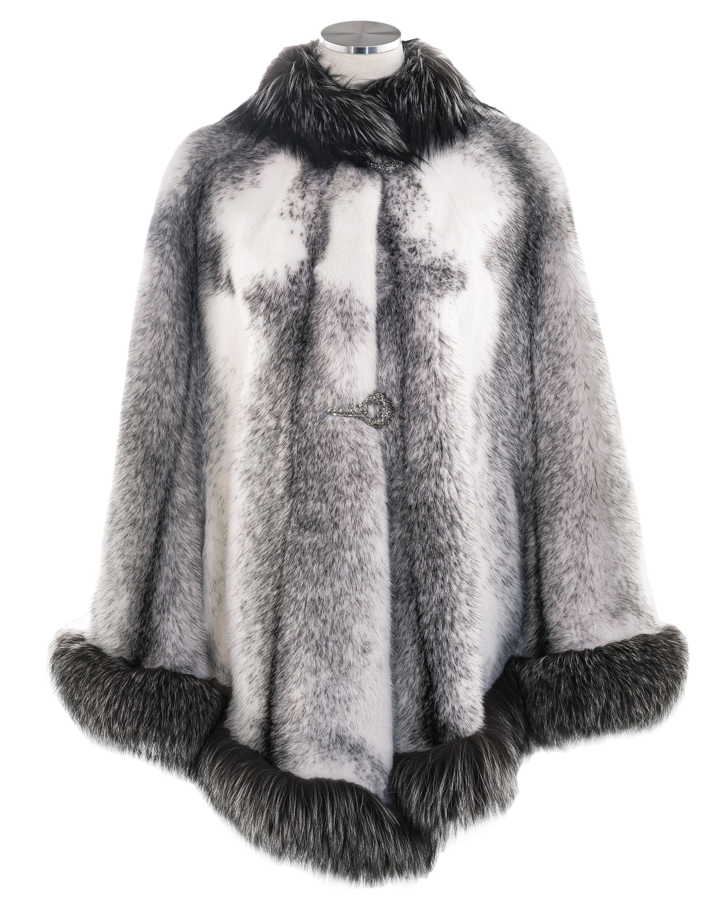 Black Cross Mink Cape With Silver Fox Trim