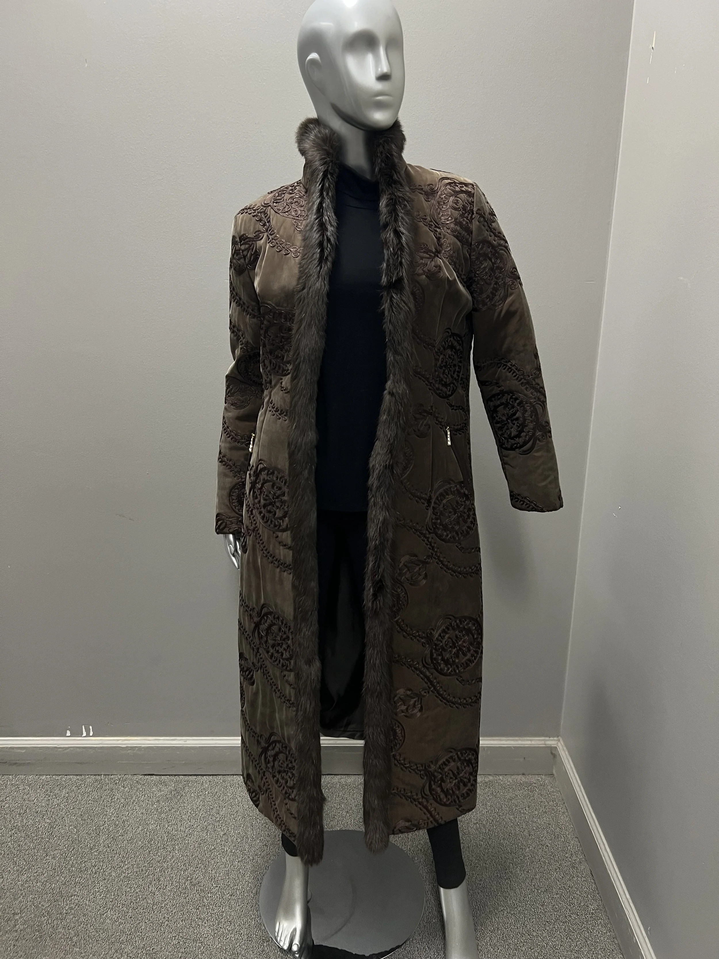 1412CC Brown Cloth Coat Full Length With Rabbit Small