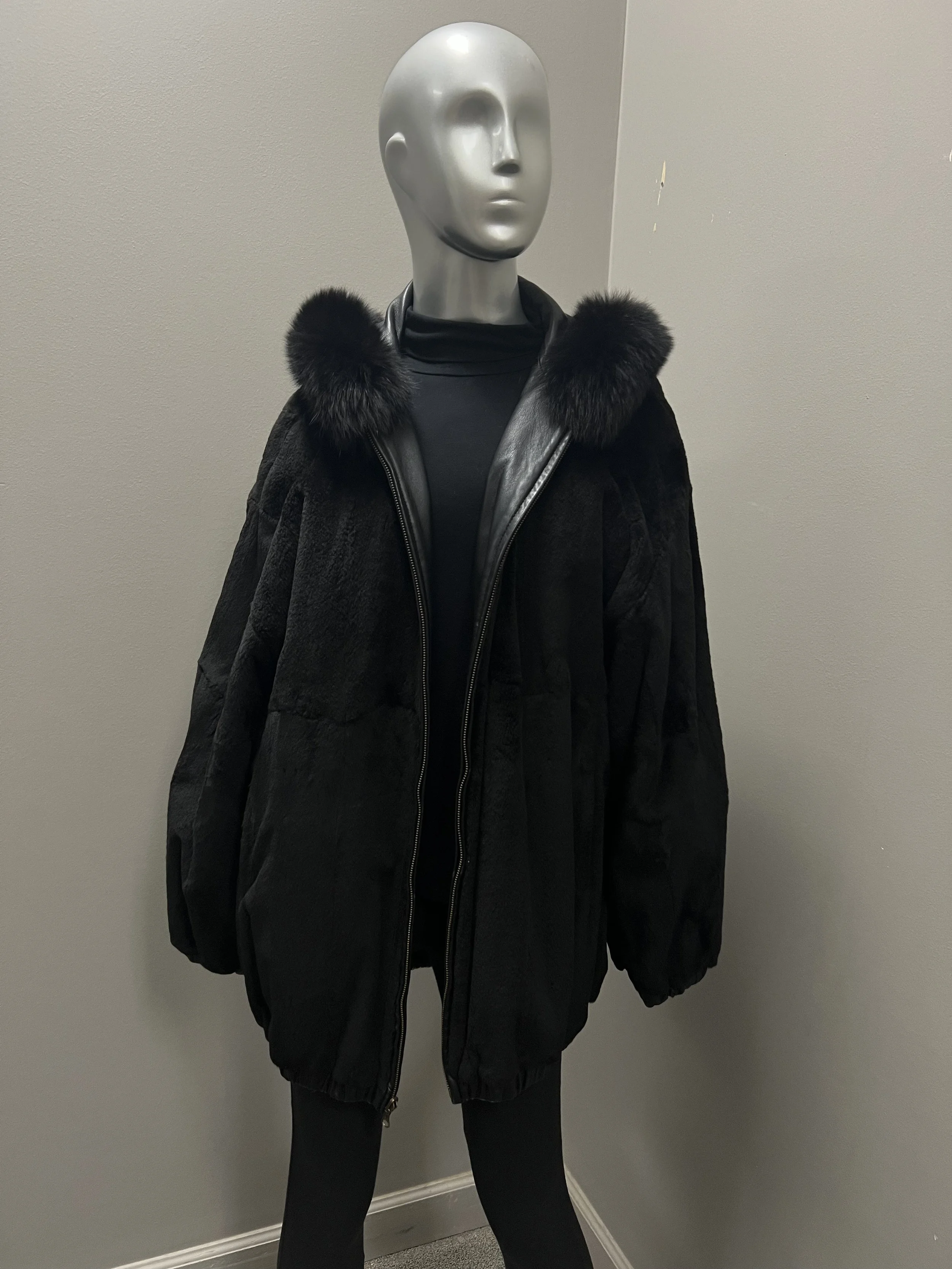 1364CC Black Sheared Mink Reverse to Leather Bomber Jacket L