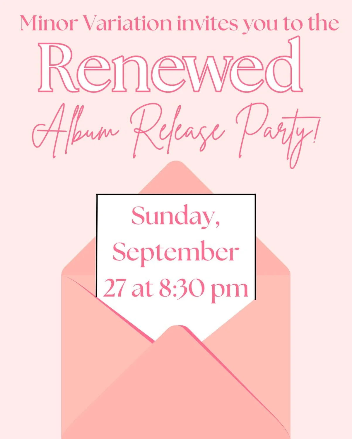 You&rsquo;re invited!💐🩷
Our newest album, Renewed, is dropping soon, and we want you to hear it first! Join us THIS SUNDAY, September 27th, for our album release party&hellip; plus there will be snacks! Be sure to invite your friends, and we cannot