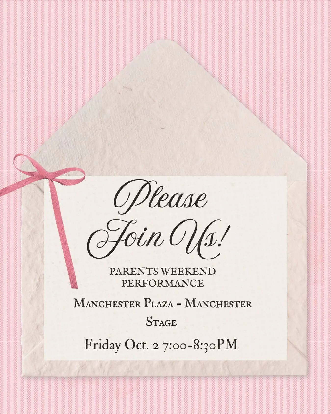 Our annual Family Weekend performance is this Friday on Manchester Plaza!! We will be joined by other amazing groups on campus🎀

See you there!!