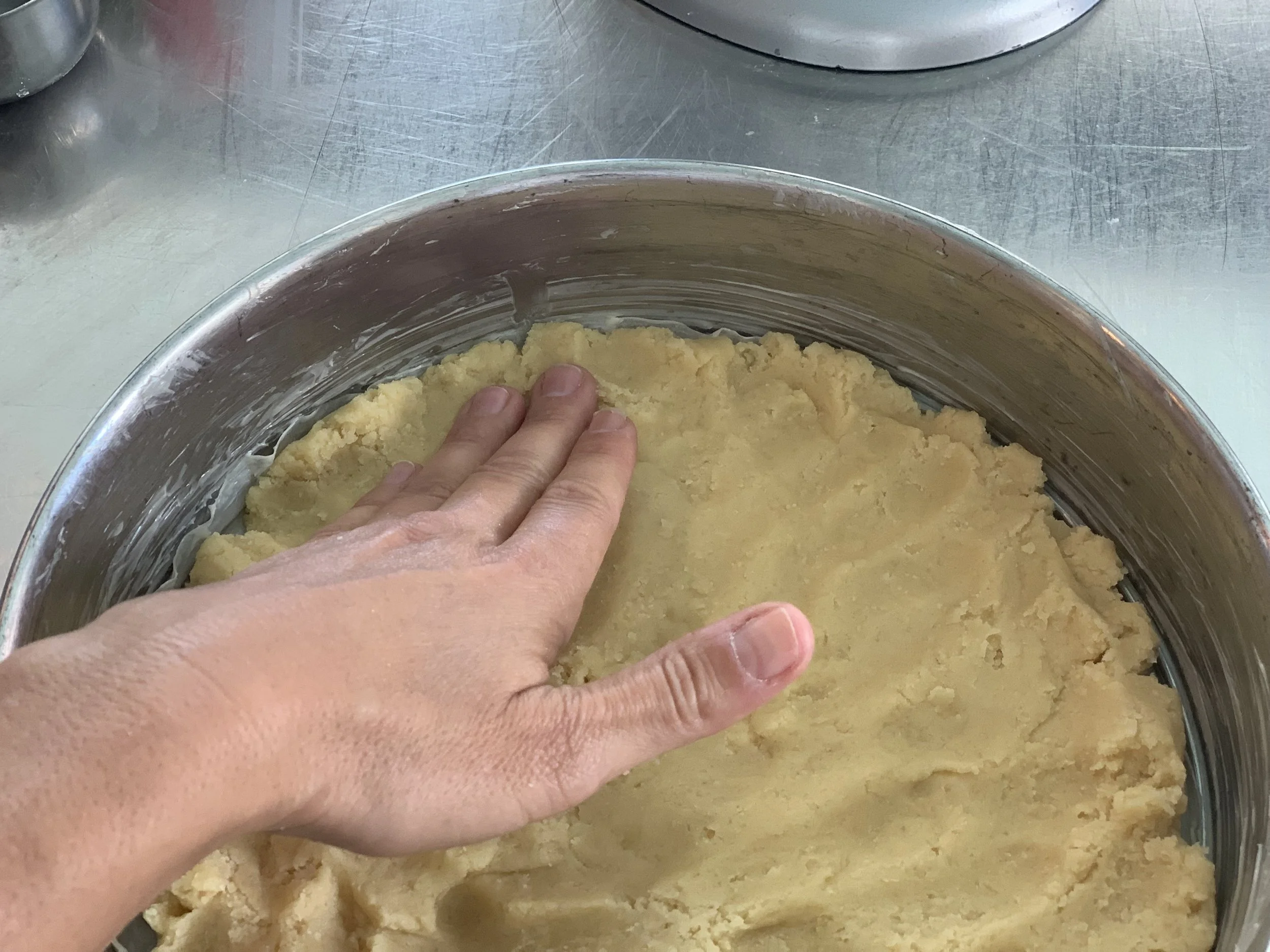 The dough is being firmly pressed into the bottom of a greased 9-inch springform pan.