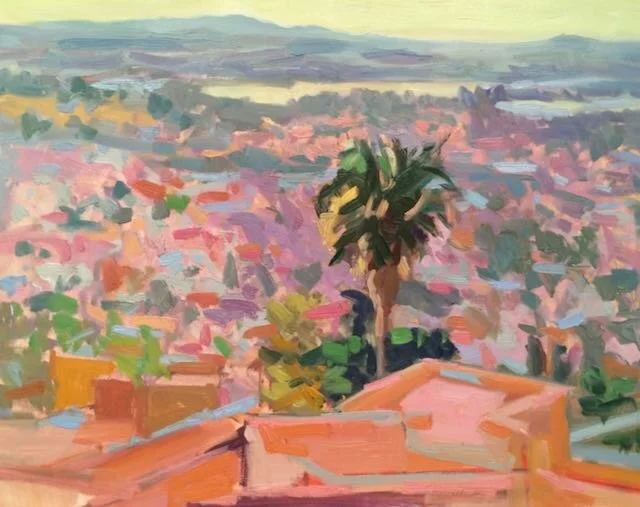 An impressionistic painting of a tropical landscape with a prominent palm tree and a cityscape with colorful rooftops in the background.