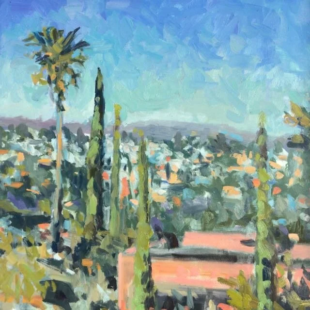 Painting of a cityscape with tall trees and houses under a clear blue sky.