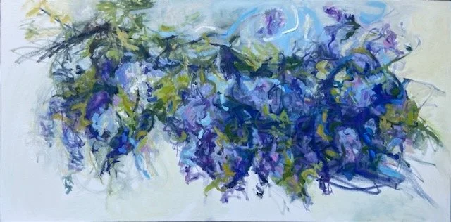 Wisteria, Blues 30x60 oil and mixed media

 

 An abandoned house nearby has peonies that still bloom in the yard in the spring.  There are also wisteria vines that have outgrown the trellis and climbed up into the trees that line the entire road.  