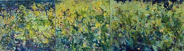 Meadow Series triptych with Butterfly Field painting on left 30x30,3030,30x40 oil