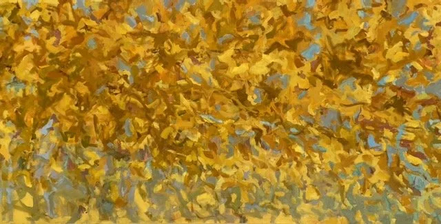 Yellow, Glow  30x60 oil
 

 The Hickory trees in the back yard change from a cool yellow to a warm yellow and then to rusty reds and violets.  Winds blew down from the Blue Ridge mountains and now all are gone but the few last oaks and dogwoods.  It’