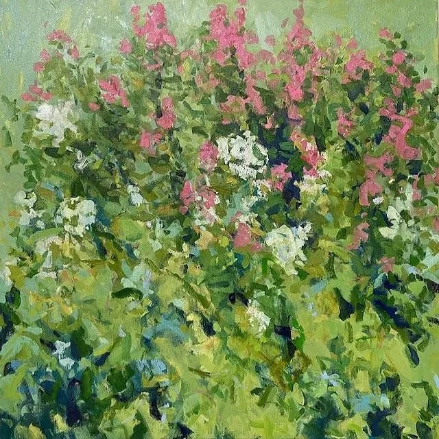 Pink and White Phlox, view from my studio.  30x30