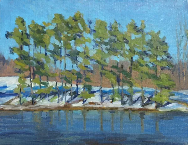 A painting of an island with trees along the shore, reflected in the water, under a blue sky.