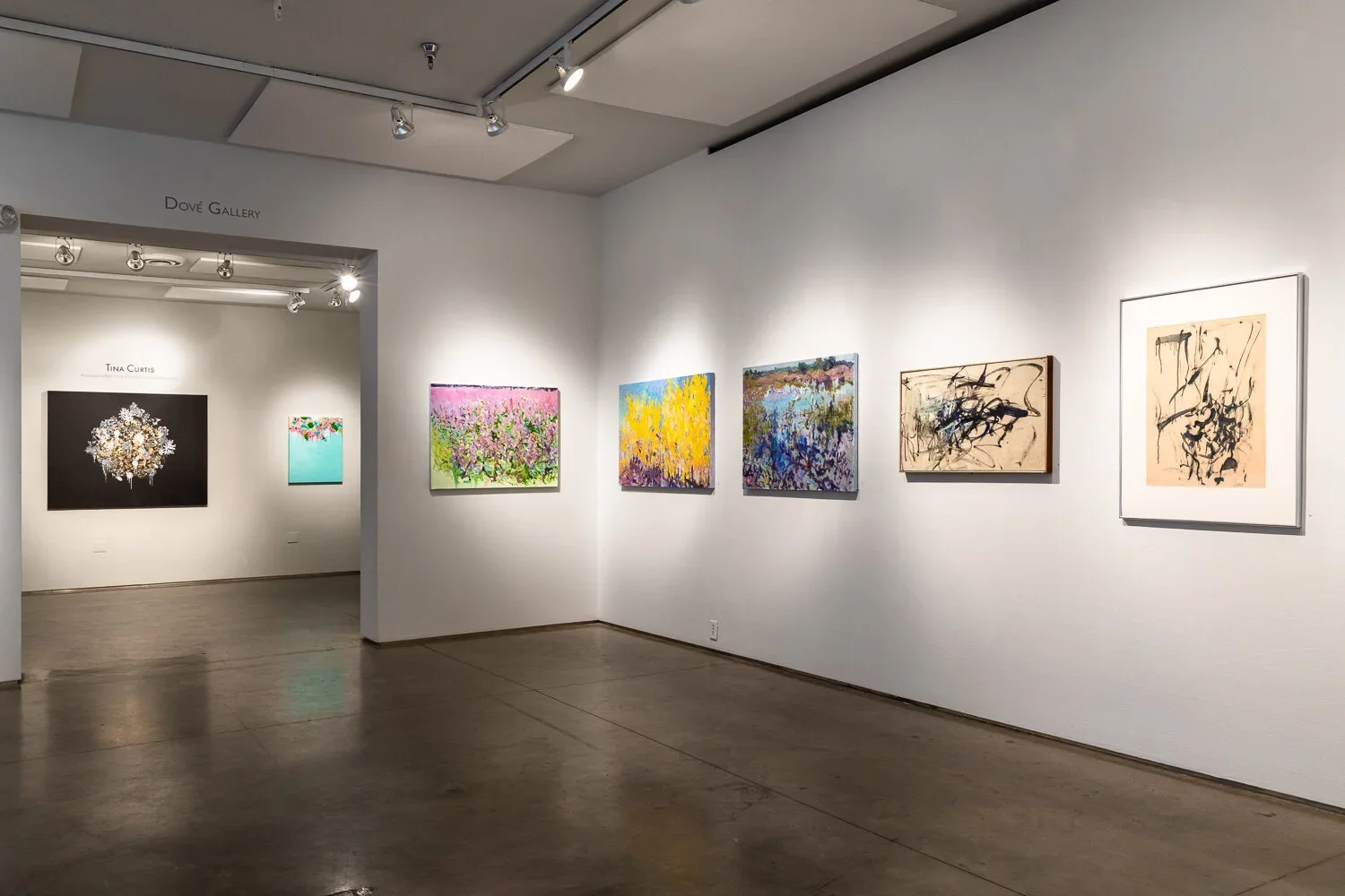Art gallery with various paintings displayed on white walls, including floral and abstract artworks including Priscilla's work next to Joan Mitchell's painting, with track lighting on the ceiling.