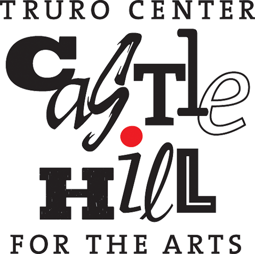 Logo with the words "Truro Center for the Arts" arranged vertically, with decorative cursive text and a red dot in the center.