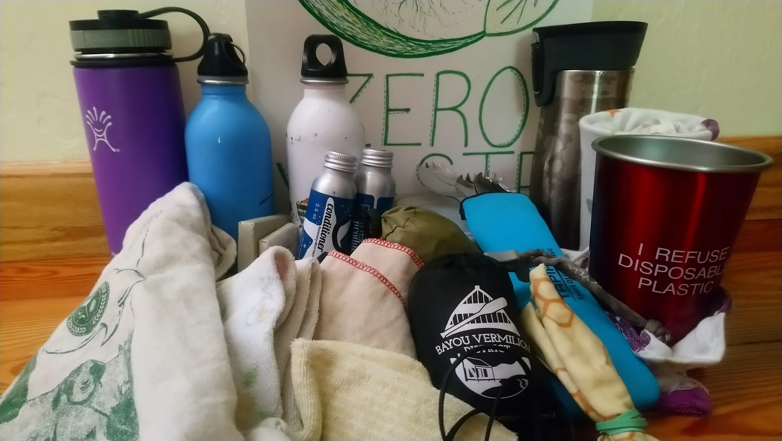 All our Zero Waste items we packed for our trip (not pictured is my husband's Klean Kanteen all metal water bottle)