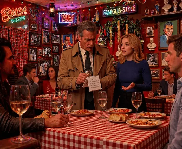 Detective actor and guests solving clues during an interactive murder mystery dinner