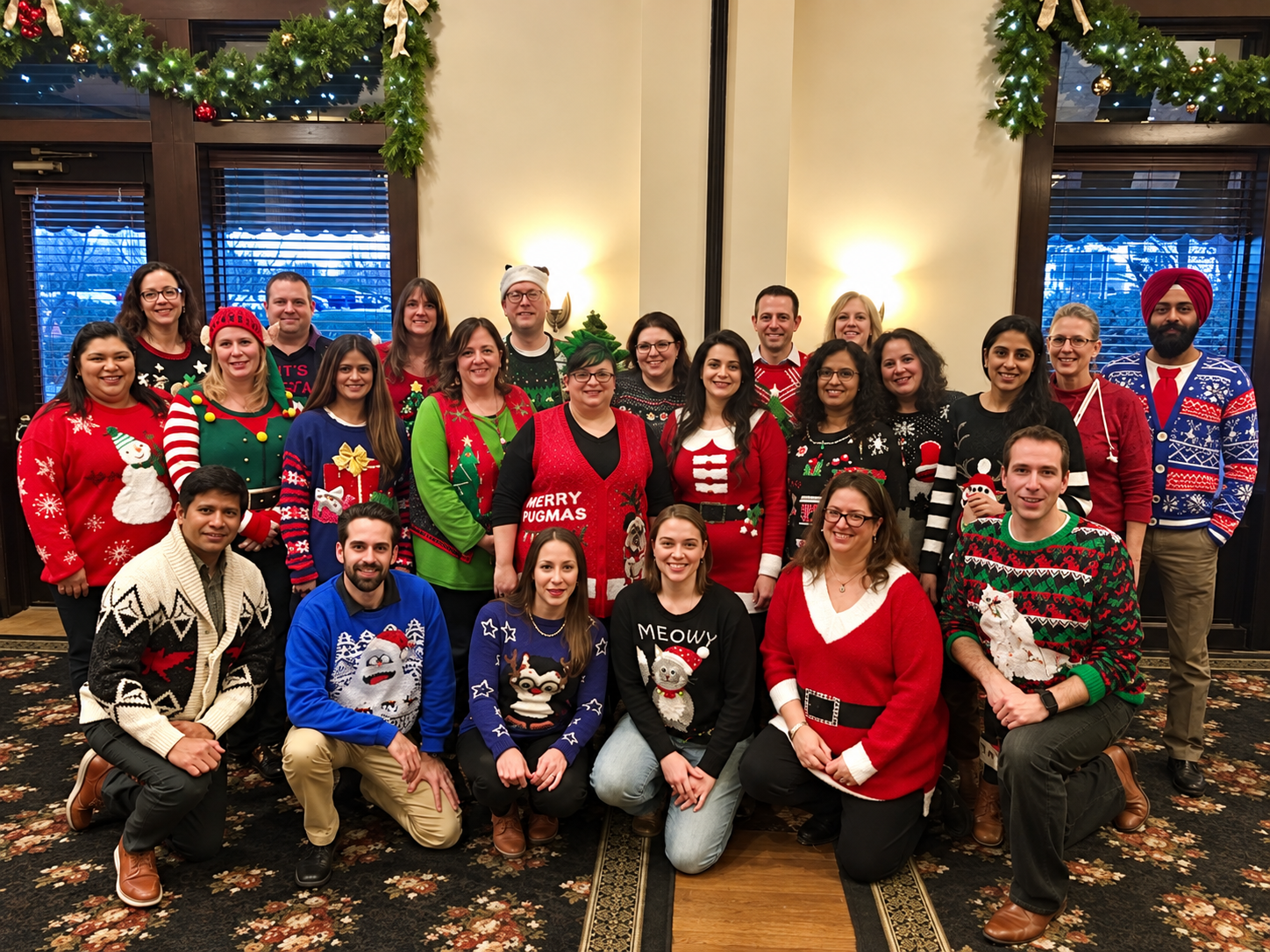 Guests in festive Christmas sweaters posing together at a Christmas murder mystery party.