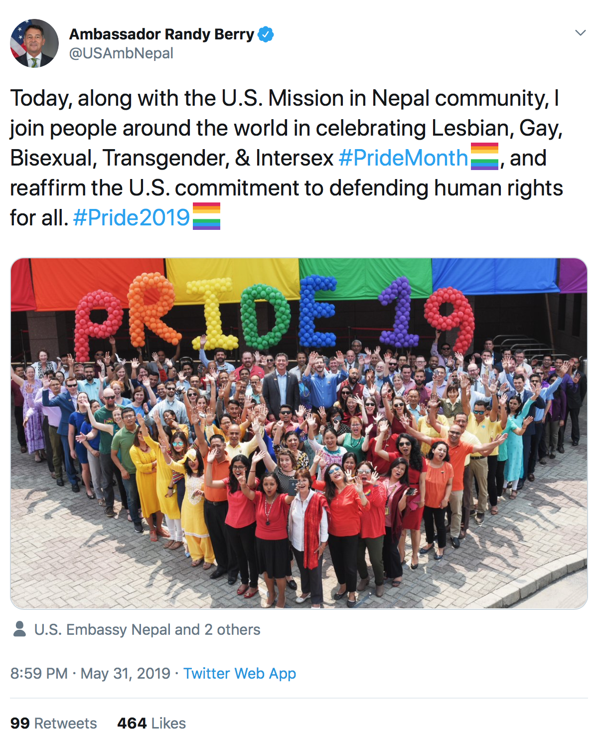 A liberal politician pushes homosexual “Pride” in tweet, despite State Dept. rejecting radical homosexuals’ rainbow flag being flown at embassies.