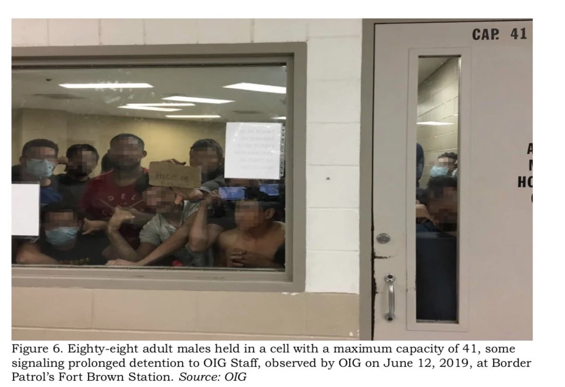 Photo from the Office of the Inspector General (OIG): 88 adult males held in a cell with a maximum capacity of 41. (Thanks, Democrats and RINOs.) Some are signaling prolonged detention to the OIG staff, observed by OIG on June 12, 2019, at Border Patrol’s Fort Brown Station. Elizabeth Warren pretends to care on Twitter .