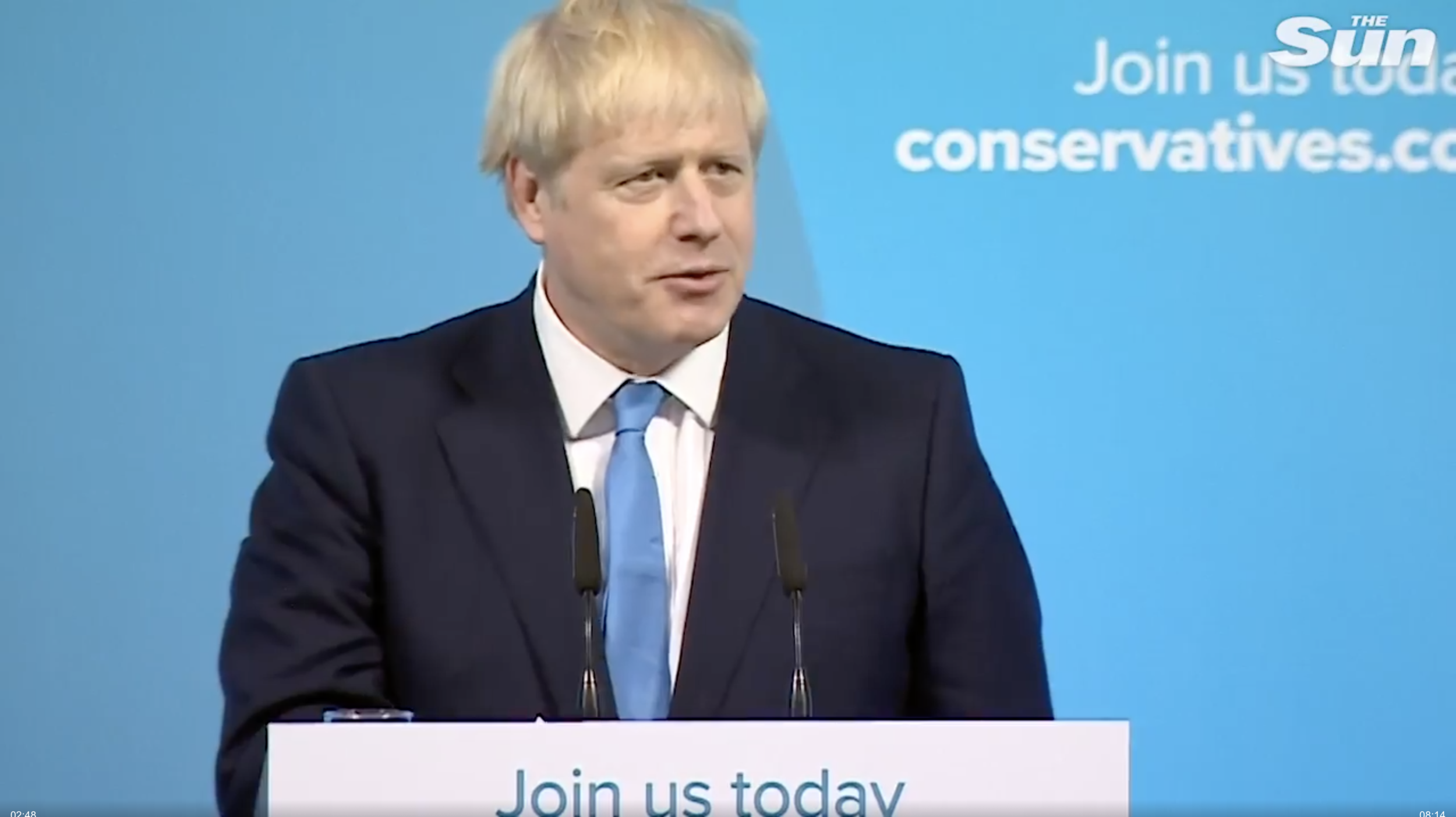 Screenshot from video on The Sun : Boris Johnson speaks after being named next Prime Minister of UK, replacing Theresa May. He beat UK Secretary of State Jeremy Hunt.