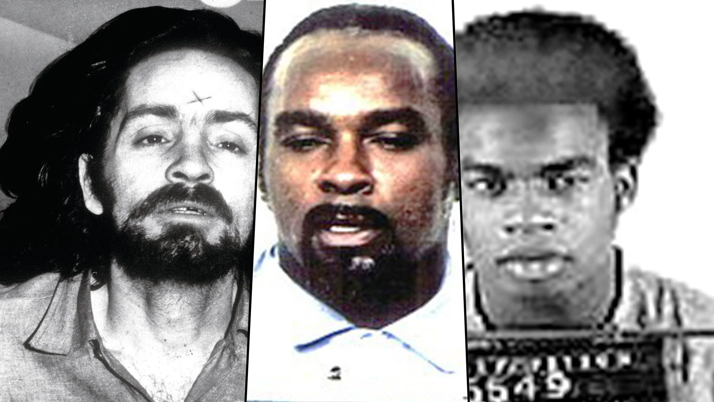 Mugshots of killers Charles Manson, Stanley Tookie Williams, and Raymond Washington.
