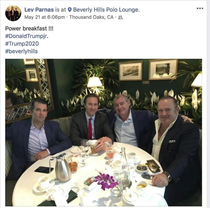 Far-left “ AP News ” shared a screenshot of a May 21 Facebook post by Ukrainian Lev Parnas with Igor Fruman and Don Jr having a “Power breakfast” in Beverly Hills / Thousand Oaks with the hashtag #Trump2020. Parnas and Fruman were just arrested Wednesday night as they were about to board an international flight in Dulles.