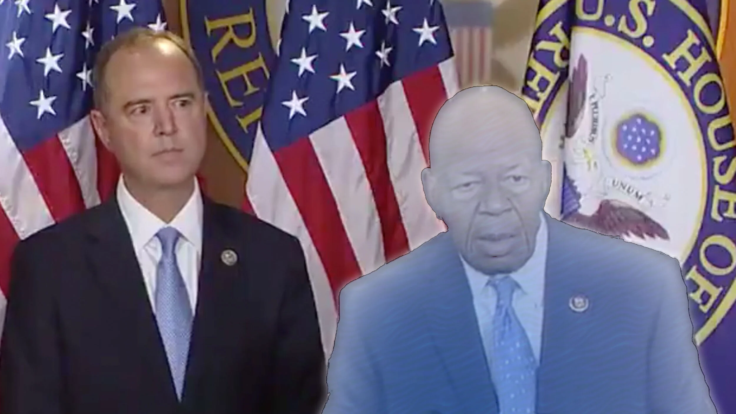 Cropped and edited screenshot of Rep. Elijah Cummings (D-MD) speaking next to Rep. Adam Schiff (D-CA) after the Mueller testimony (video from @RepCummings Twitter in July 2019)
