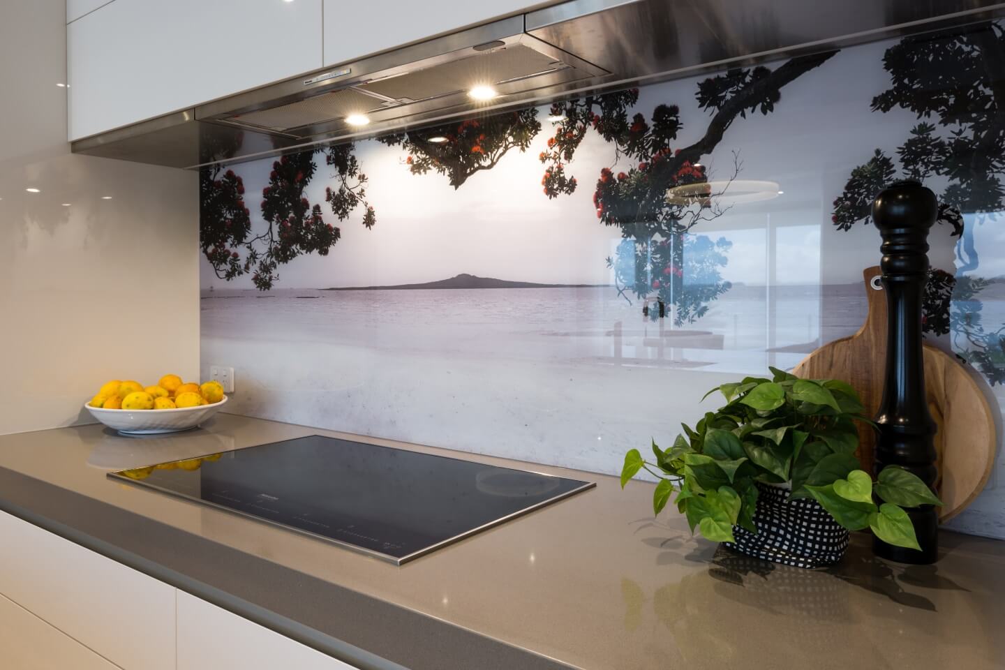 Printed glass splashback showing pohutukawa and Rangitoto