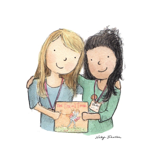 Drawing of Dimity with The Fix-It Man illustrator Nicky Johnston; drawing by Nicky