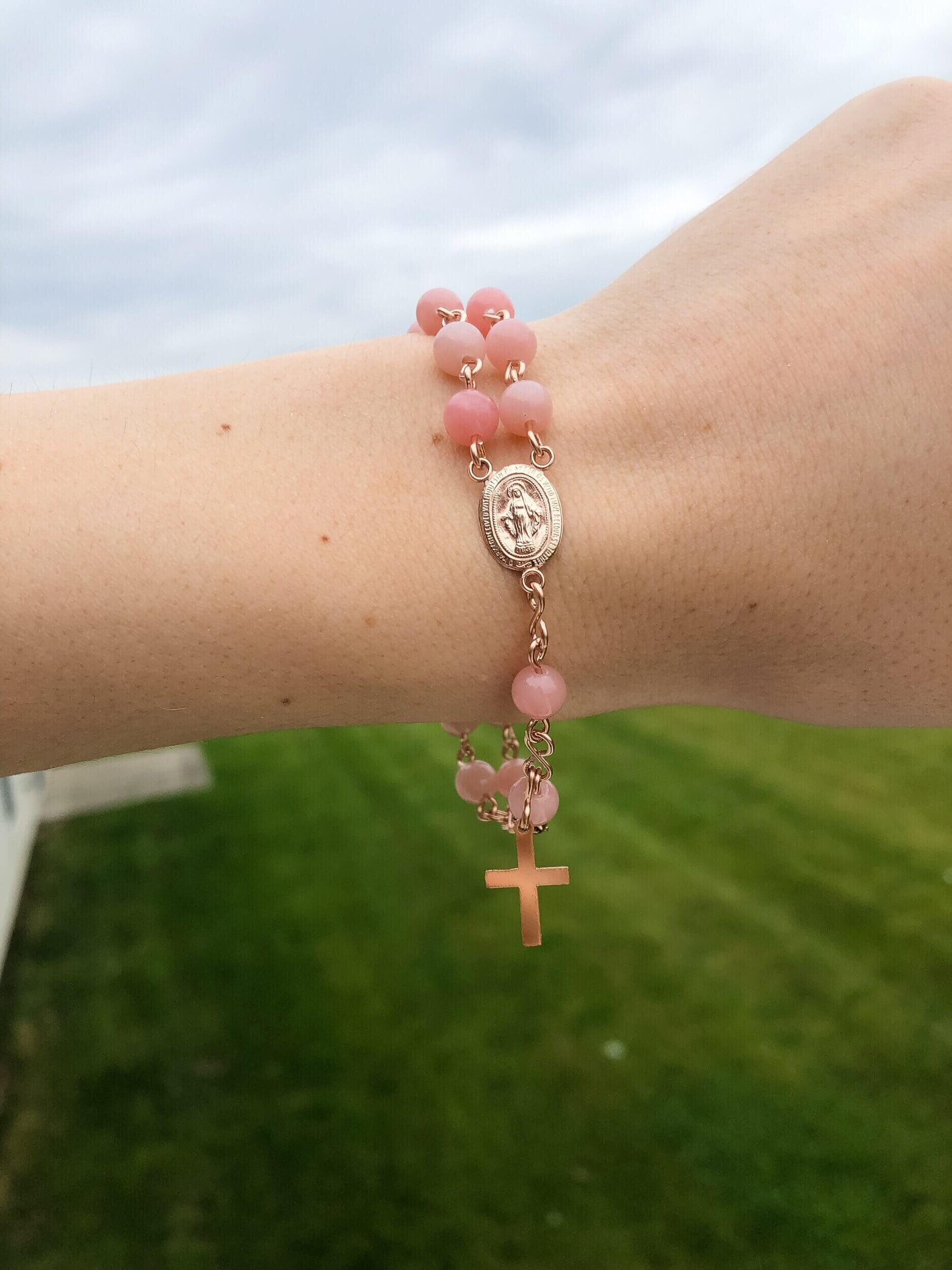 Pink Opal Gold-Filled Catholic Gemstone Miraculous Medal Rosary Bracelet