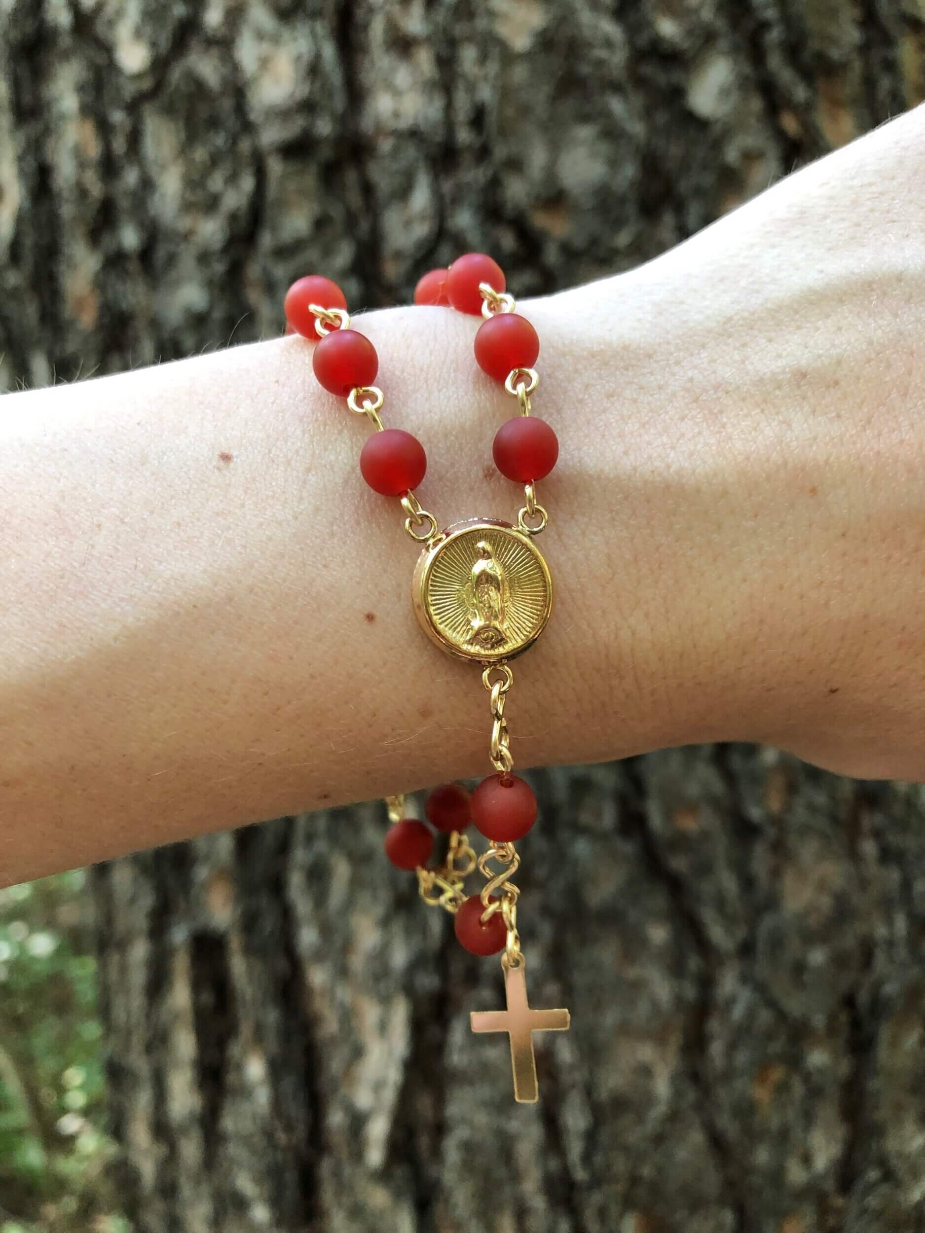 Matte Carnelian Gold-Filled Catholic Gemstone Our Lady of Guadalupe Rosary Bracelet