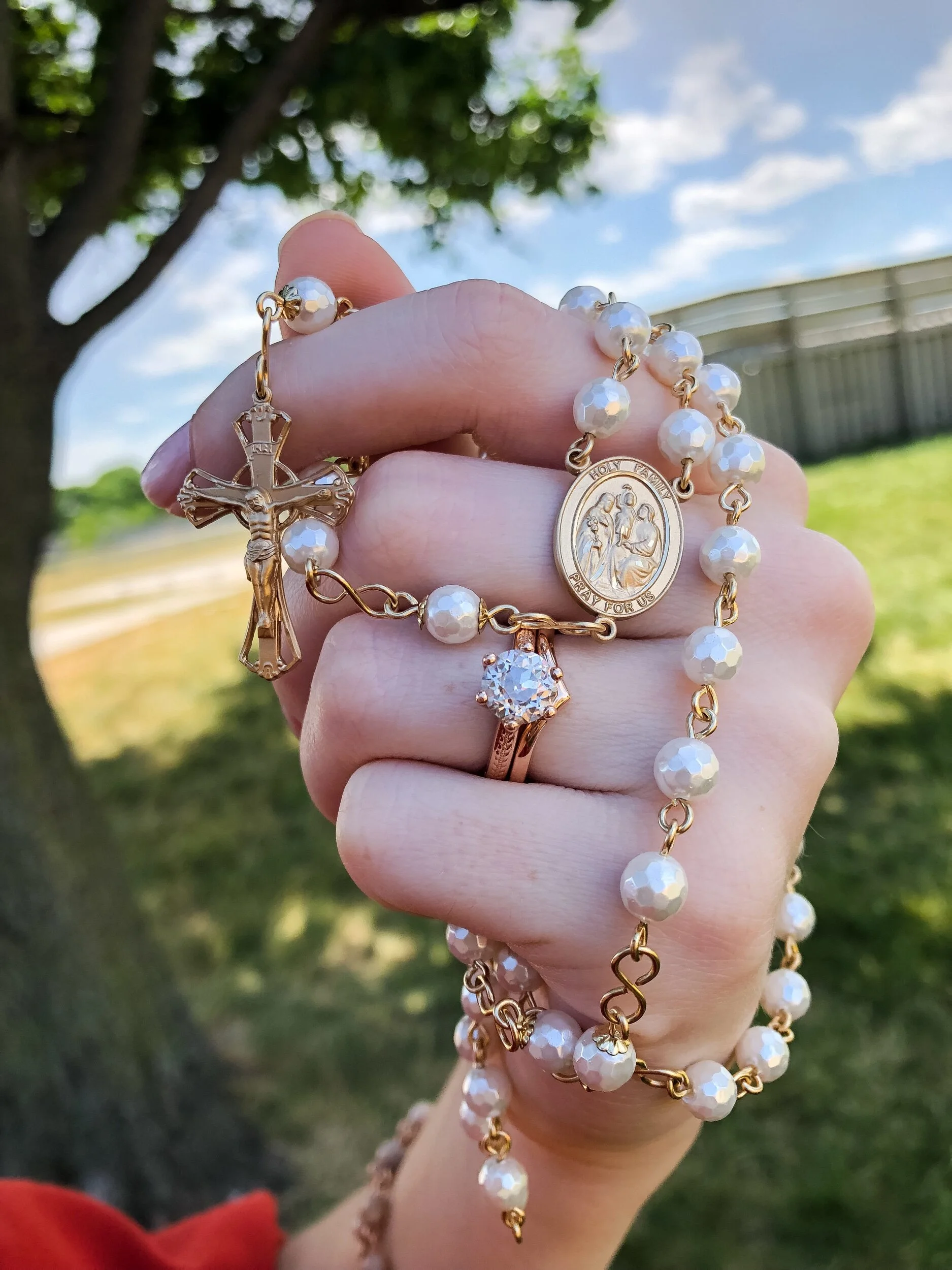 faceted shell pearl gold filled Holy Family handmade catholic heirloom bridal rosary for a wedding