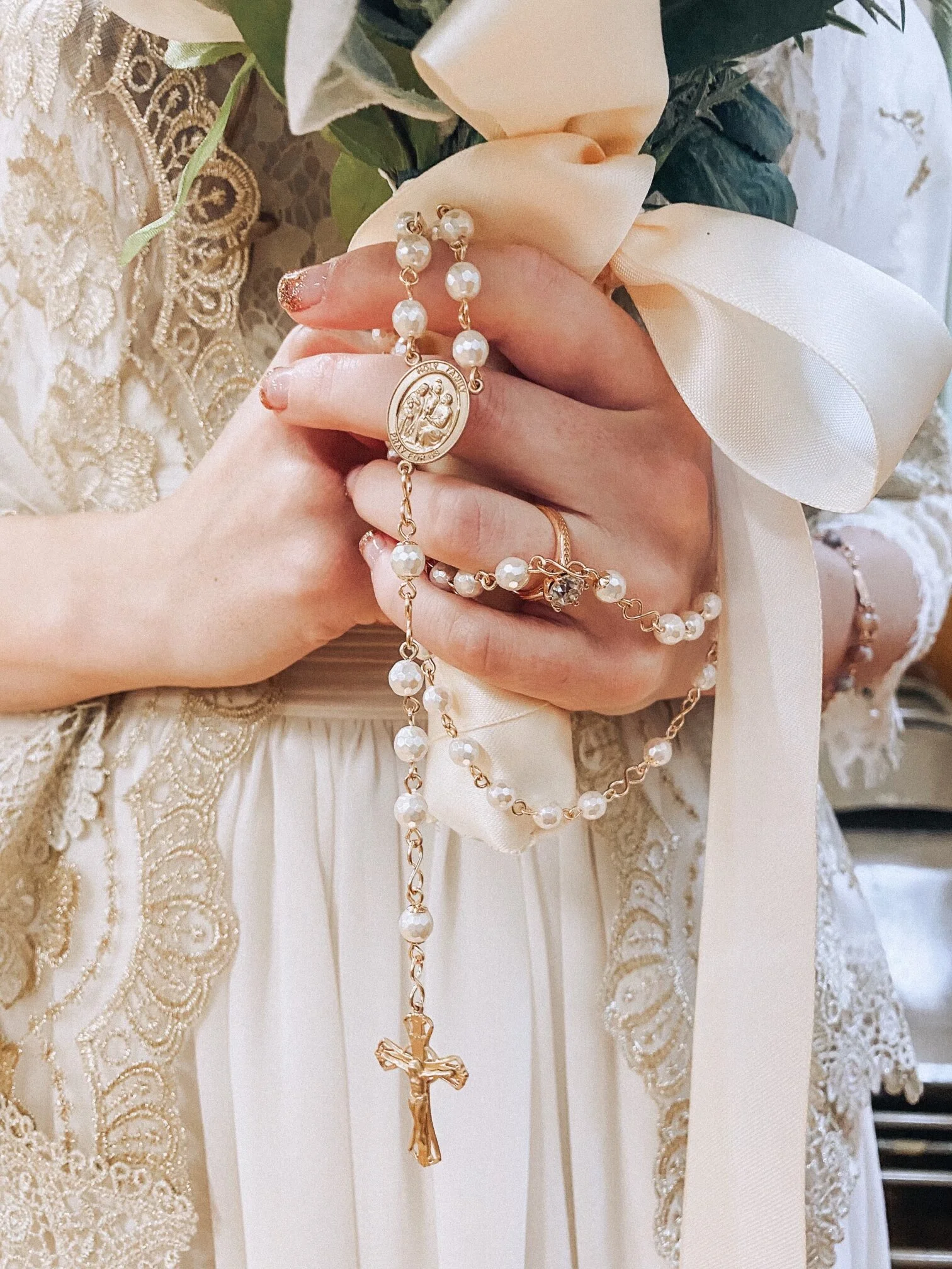 faceted shell pearl gold filled Holy Family handmade catholic heirloom bridal rosary for a wedding