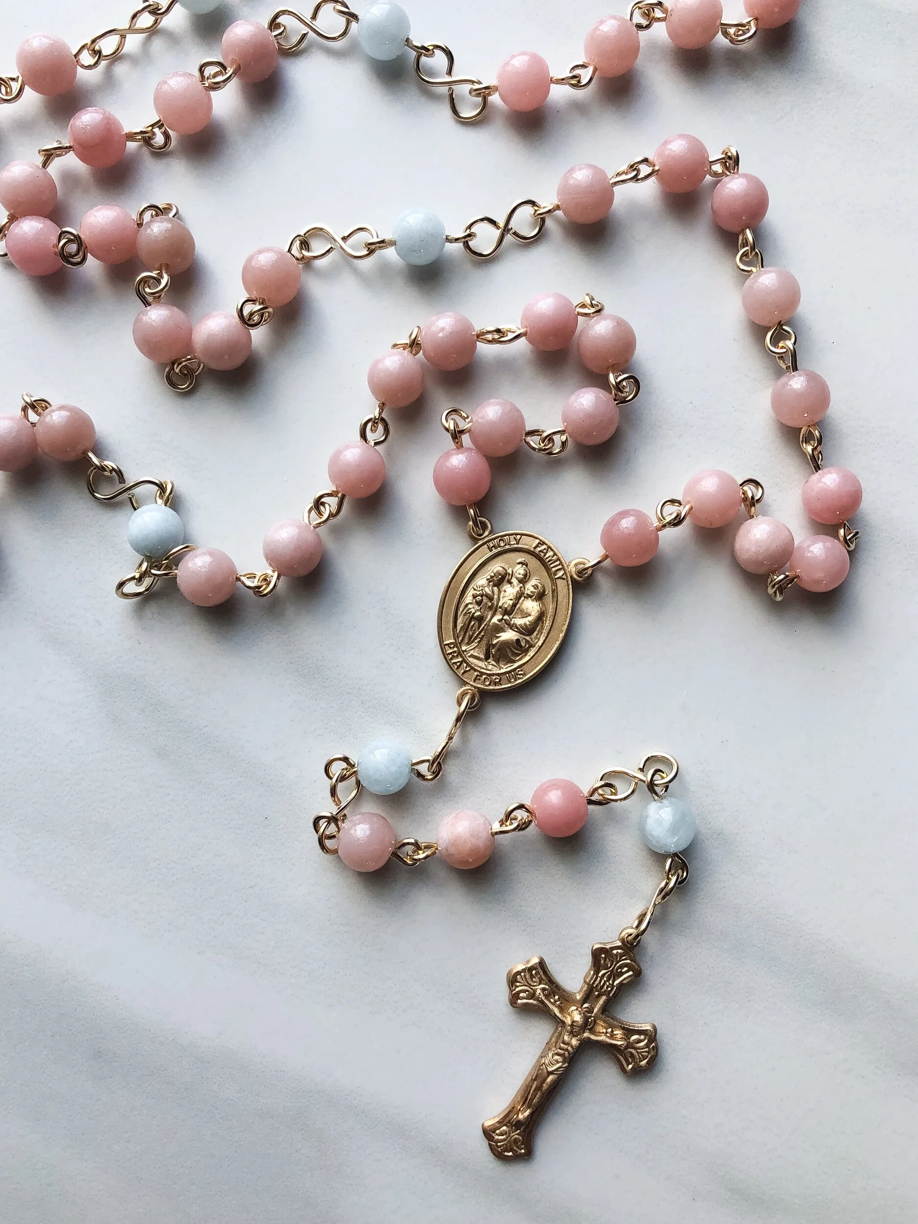handmade custom pink opal aquamarine gemstone gold filled Holy Family rosary