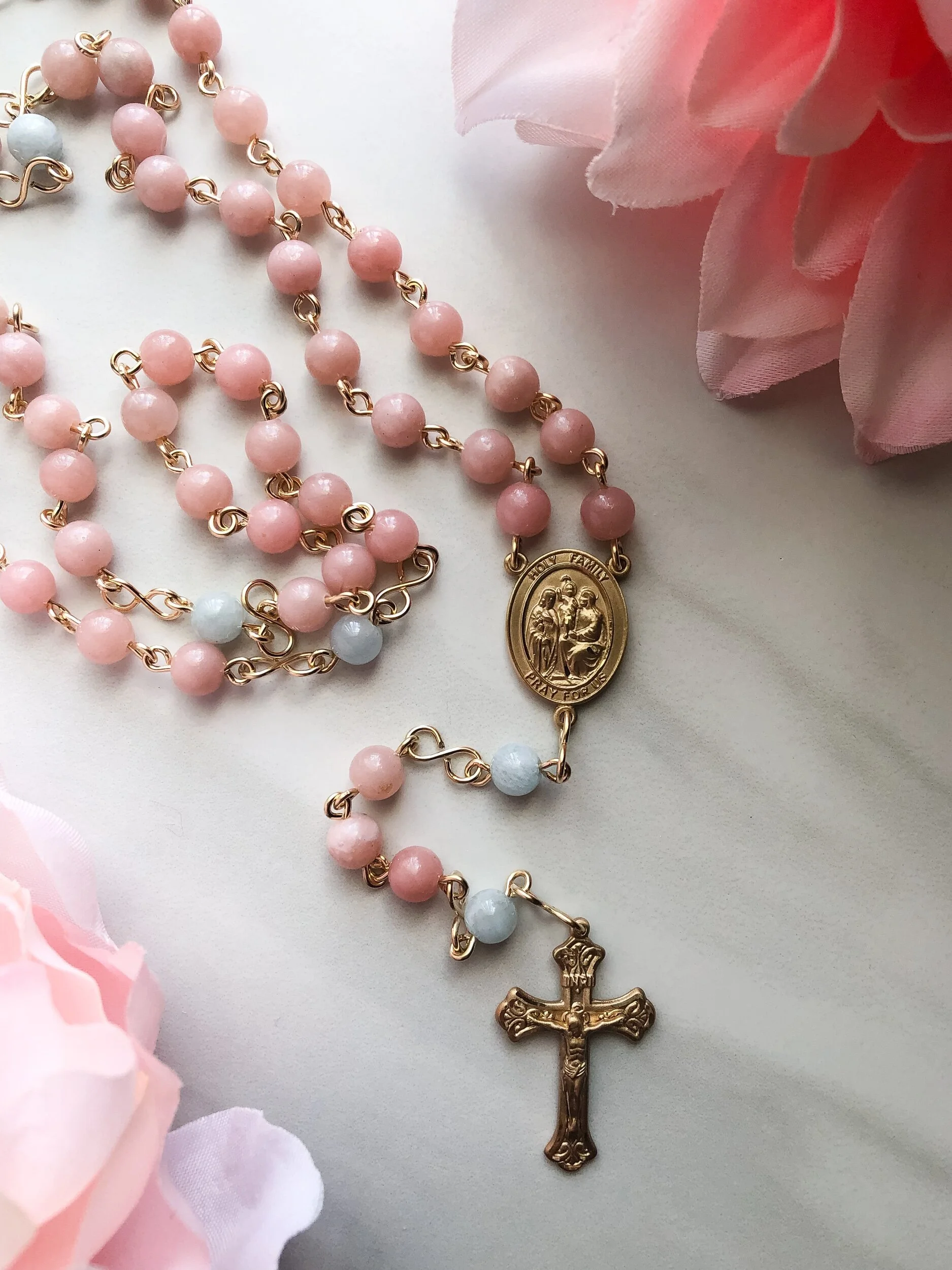 handmade custom pink opal aquamarine gemstone gold filled Holy Family rosary