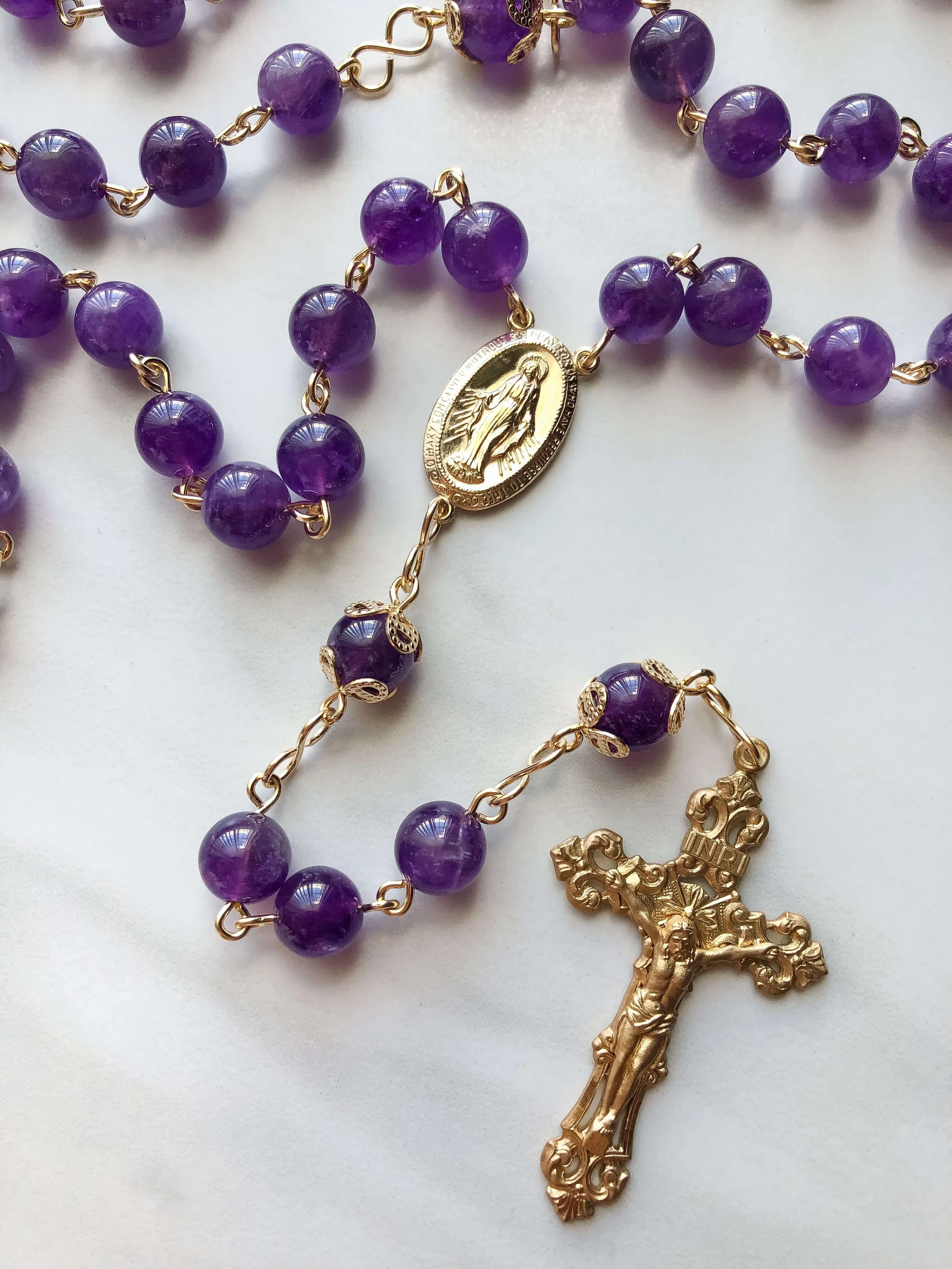 Purple Amethyst Stone And Lavender Rose Rosary Beads Catholic