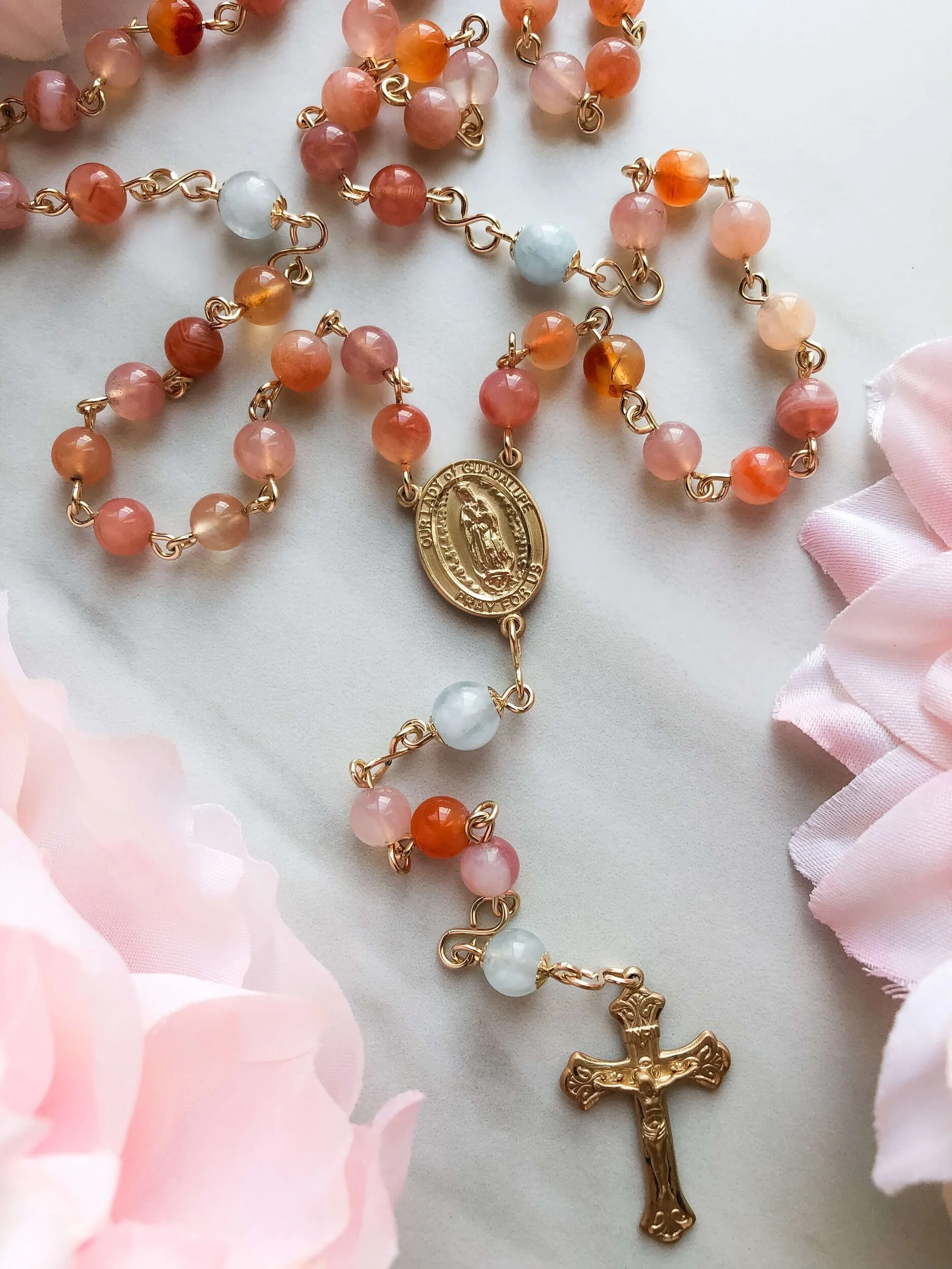 handmade custom catholic heirloom Our Lady of Guadalupe gold filled gemstone rosary