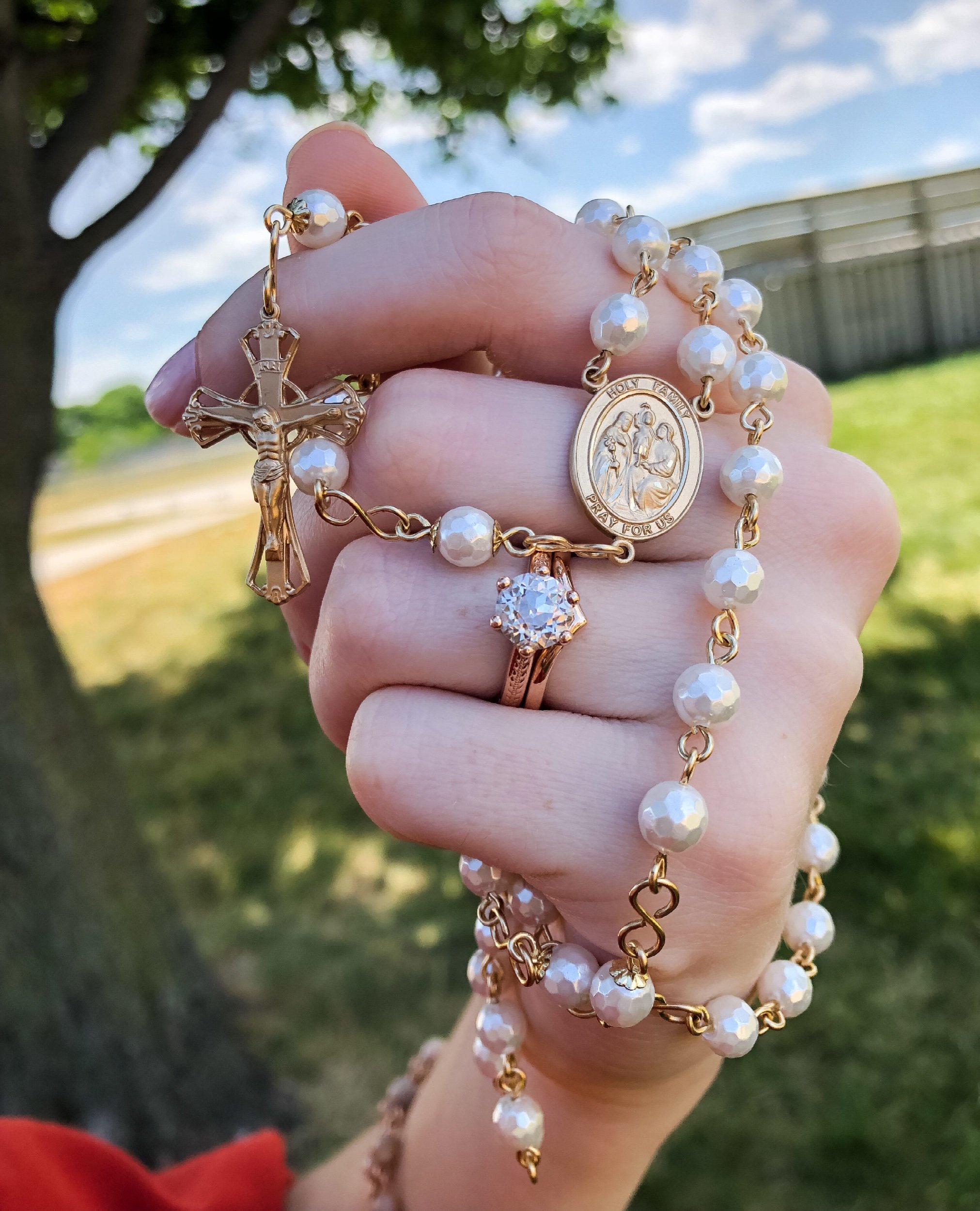 Catholic 14k Gold Filled Shell Pearl Bridal Rosary