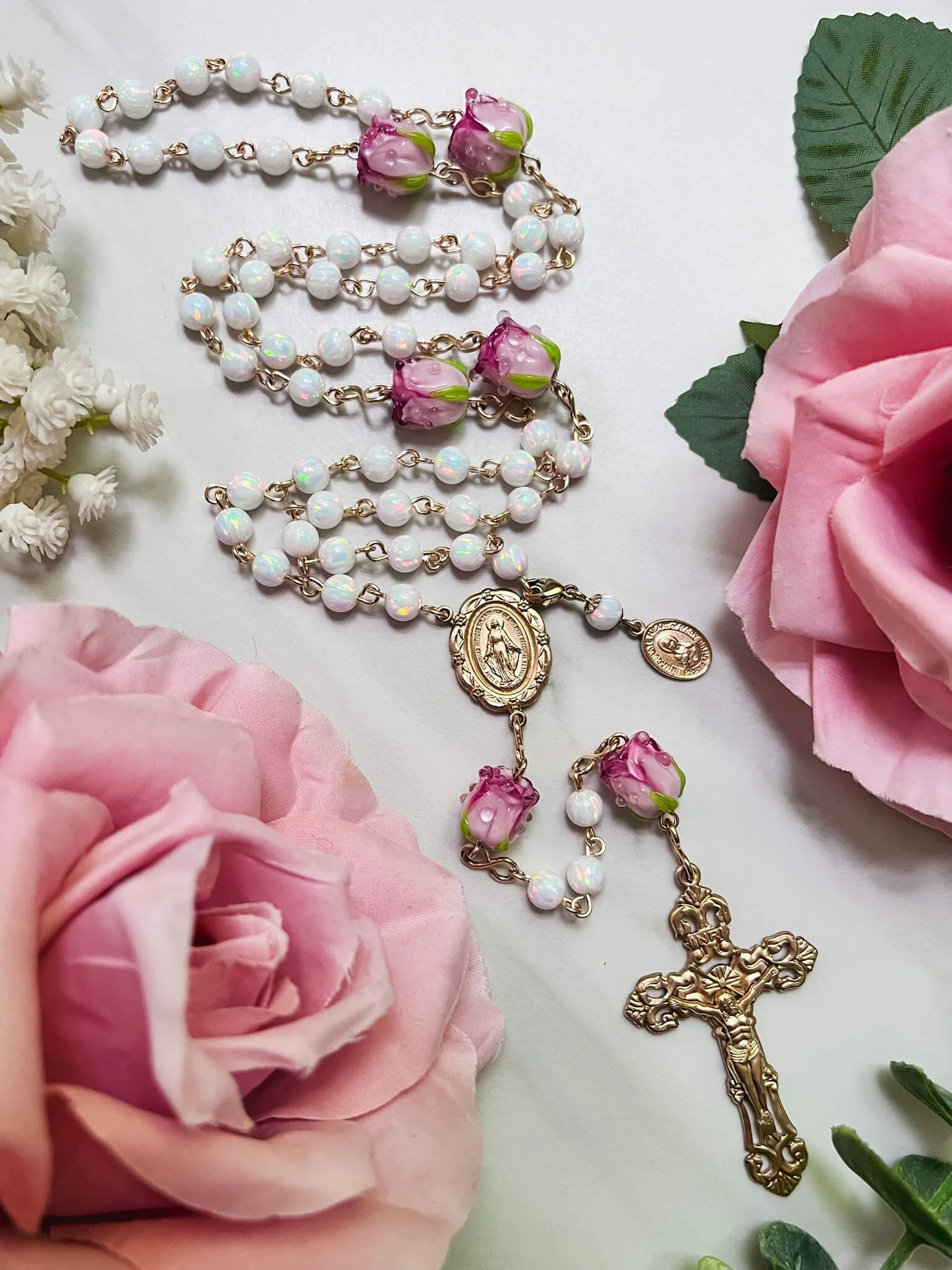 White Opal Rosary with Roses