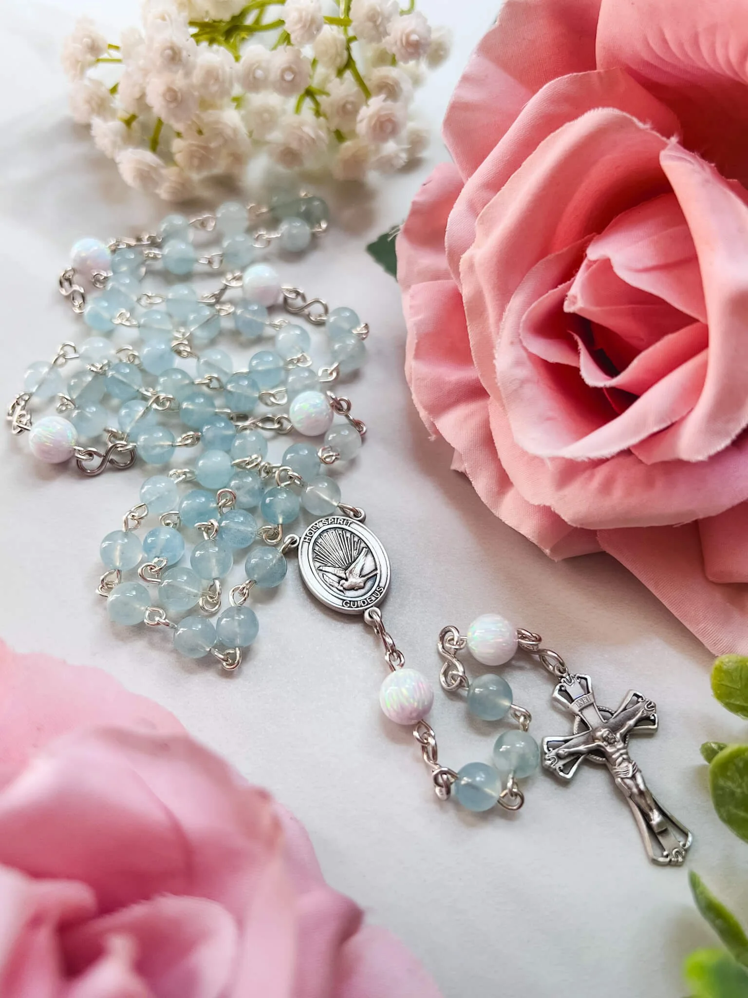 Aquamarine and White Opal Rosary