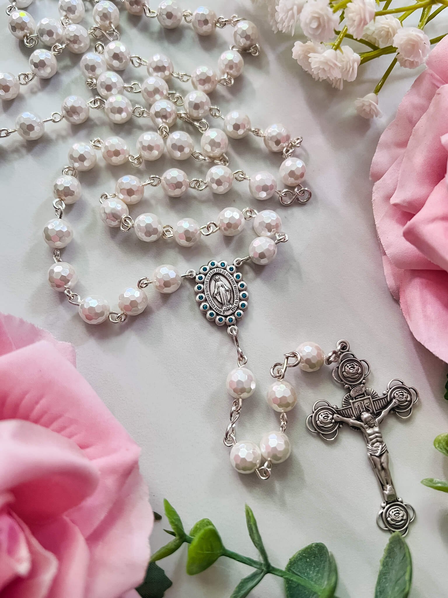 Faceted Shell Pearl Rosary with Rose Crucifix