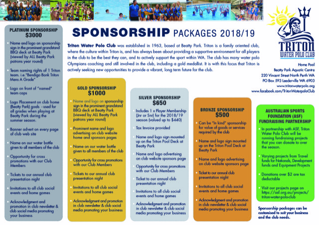 This years Sponsorship Packages for Triton Waterpolo in 2018/19