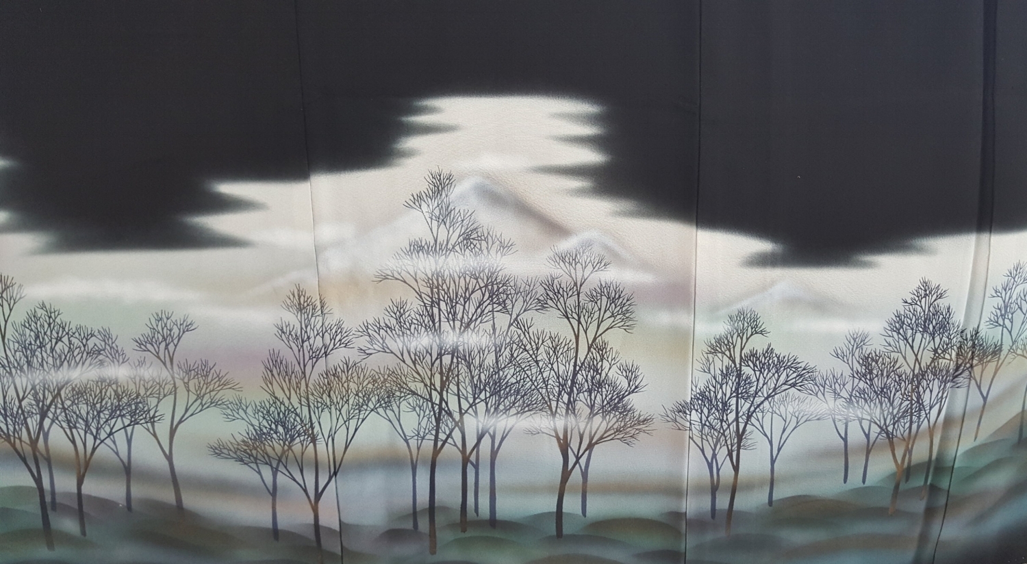 1131b Vintage silk Tomesode Kimono with white birch trees, hand painted and embroidered silk.jpg
