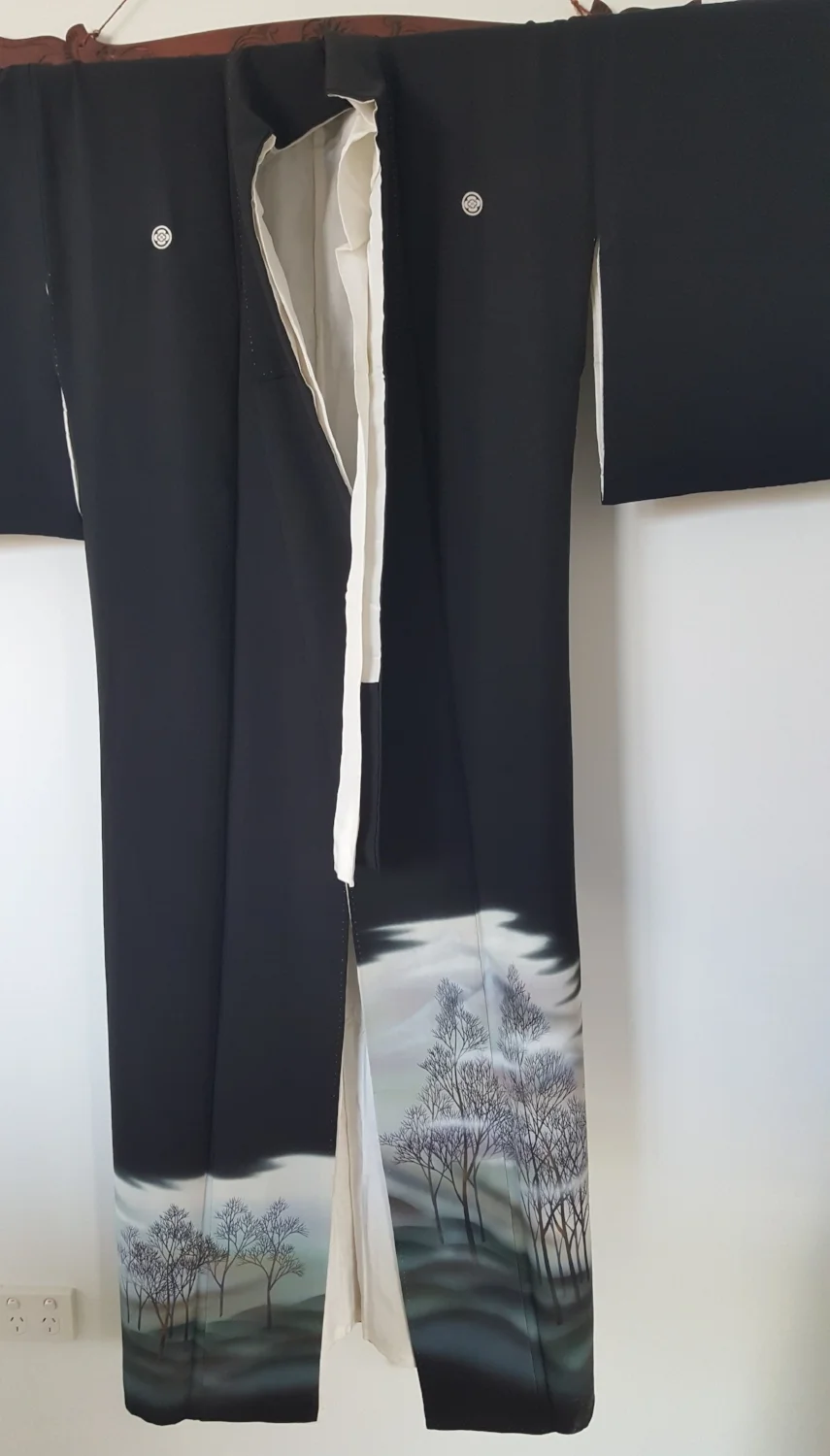 1131a Vintage silk Tomesode Kimono with white birch trees, hand painted and embroidered silk.jpg