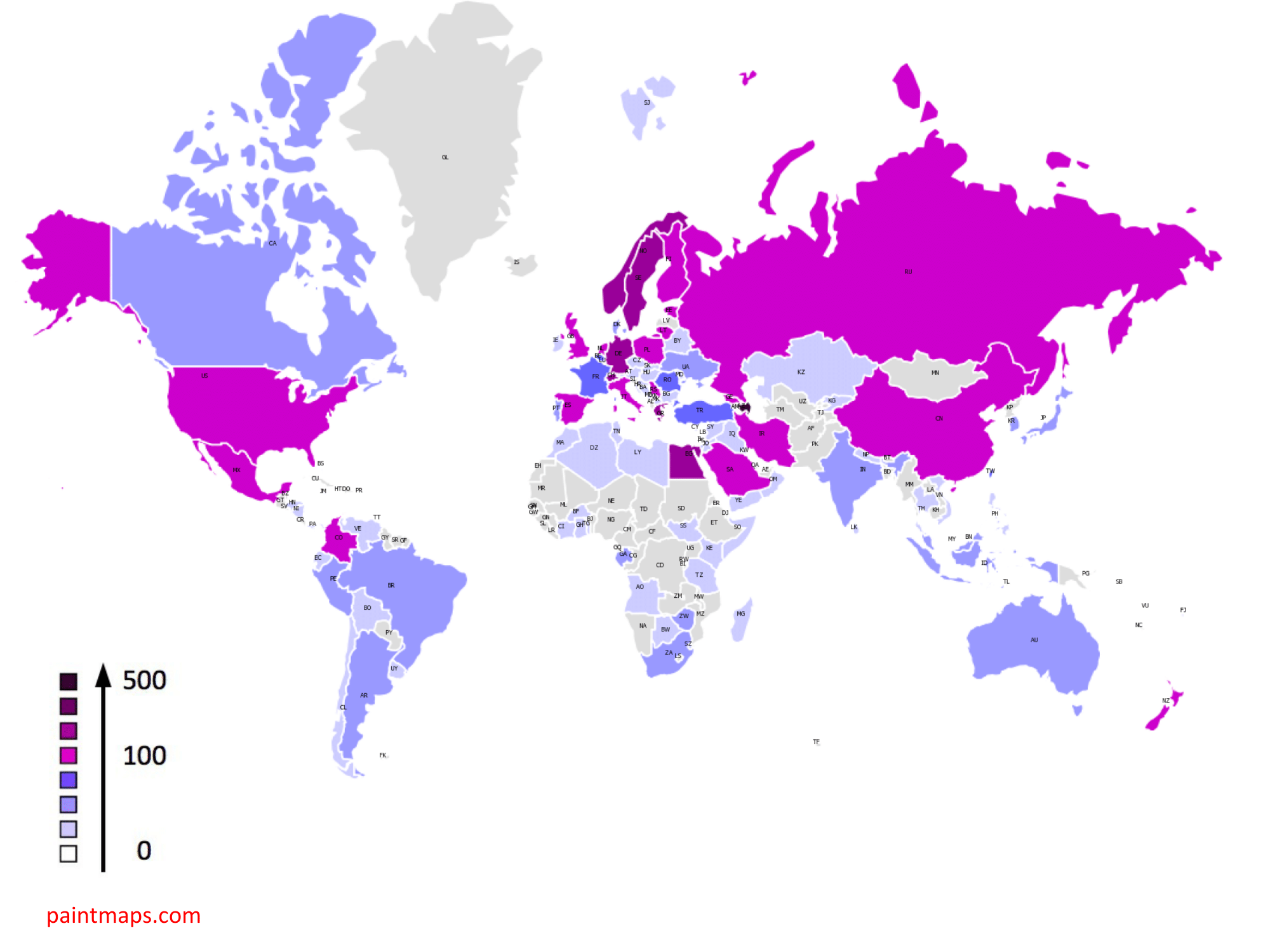 You can see on this map how many people from each country have so far participated (as of August 2017). The vertical arrow representing the different colours also represents the number of participants.