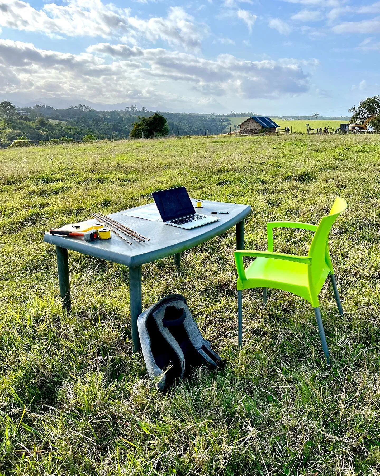 Welcome to my field office 🌾👨🏻&zwj;💻🌾

Nothing like being on site to visualise the design in situ. Over the last week we marked out and cut the pathways and began earthworks. 

Imagine being surrounded by an Eden of fruit and veggies in this ver