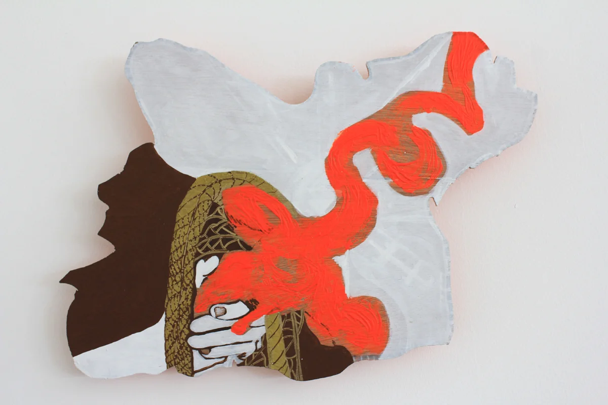 2018, Block printing ink and acrylic paint on wood