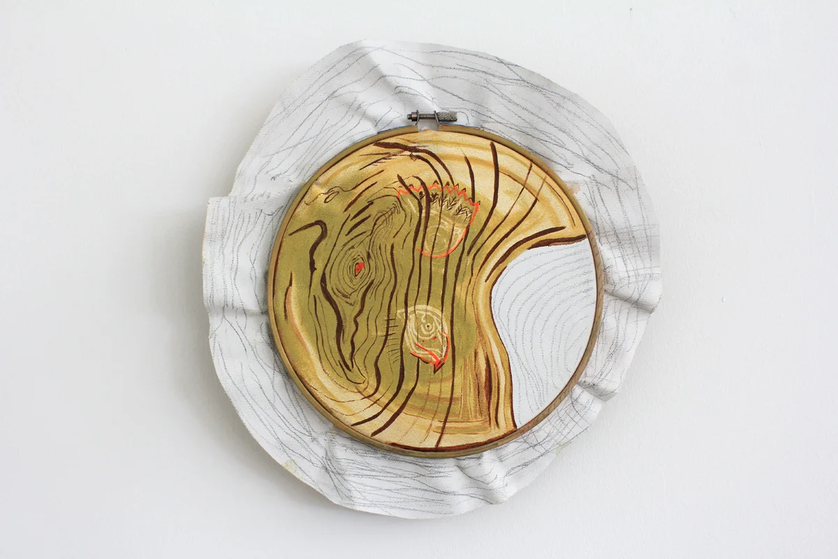 2018, acrylic and block printing ink on canvas over embroidery hoop