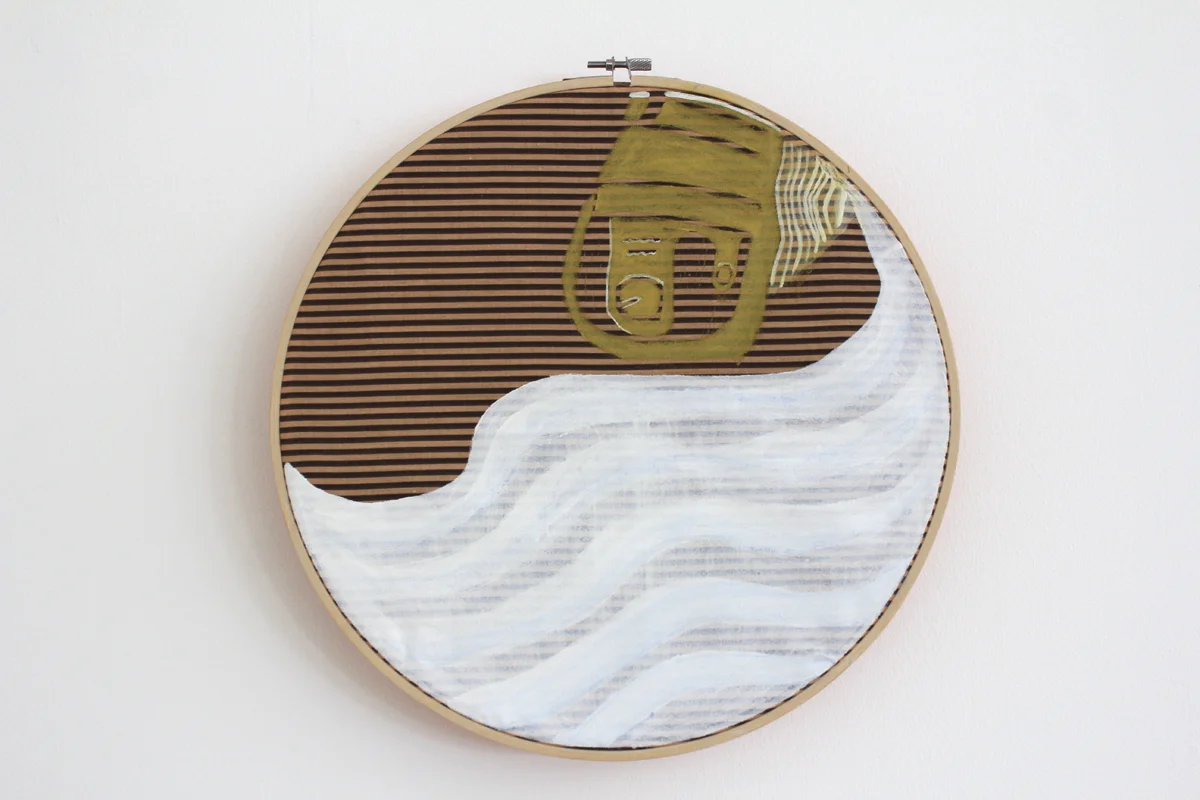 2018, Lino print and acrylic on fabric over embroidery hoop