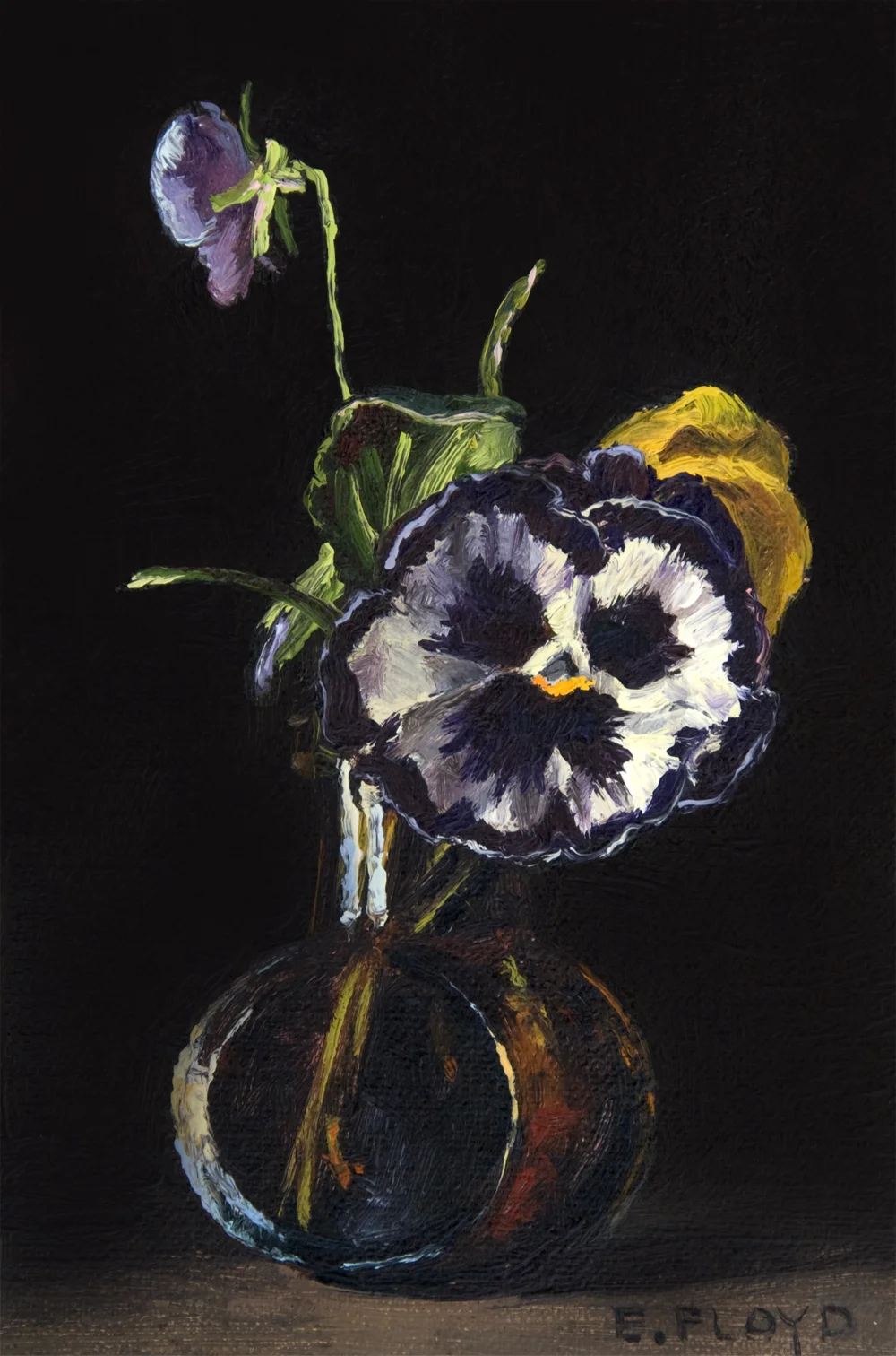 Pansies in a Brown Bottle, 6 x 4 inches 